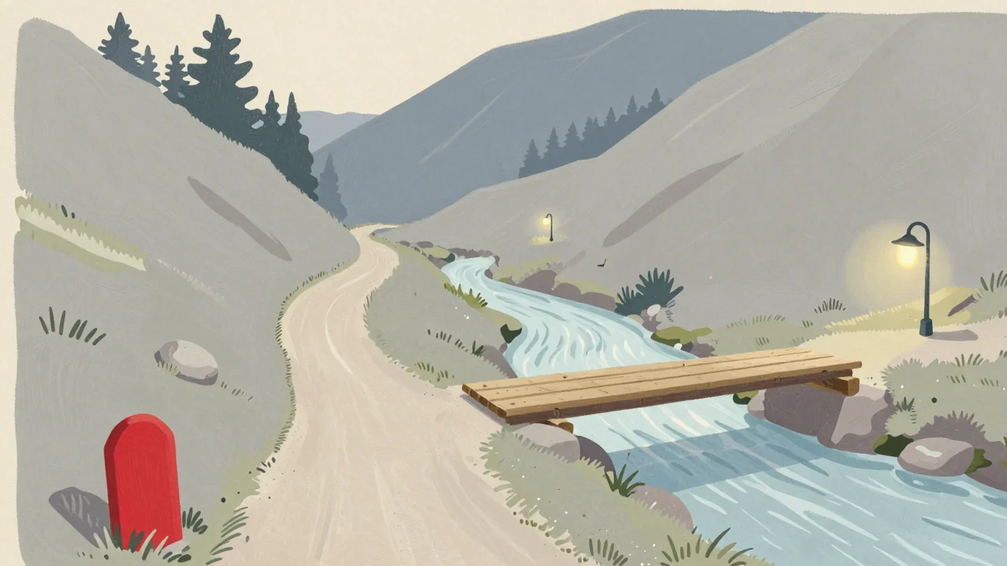 Gouache painting of a dirt trail beside a stream crossed by a short plank bridge, with a vermilion stone marker in the foreground