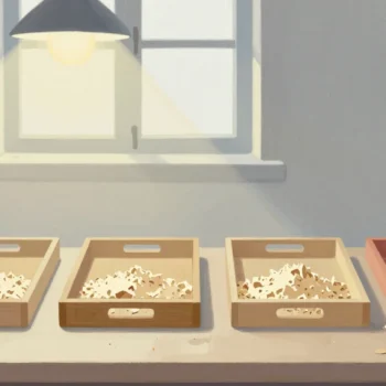 Gouache painting of a row of wooden trays of sawdust on a workbench with the overflowing one in vermilion