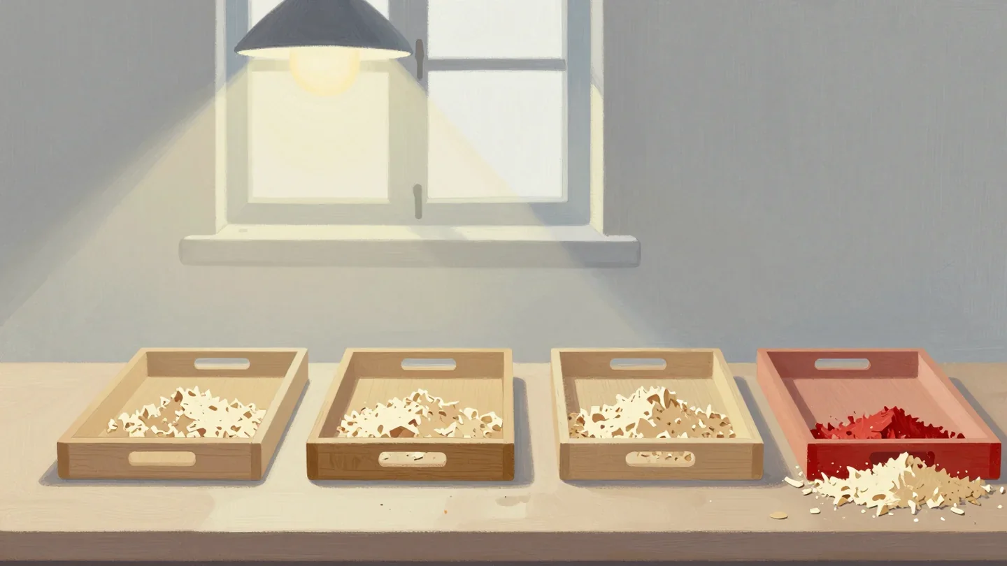 Gouache painting of a row of wooden trays of sawdust on a workbench with the overflowing one in vermilion