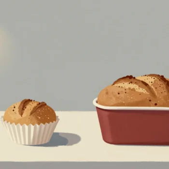Gouache painting of a small test loaf in a vermilion paper cup beside a full loaf in a tin