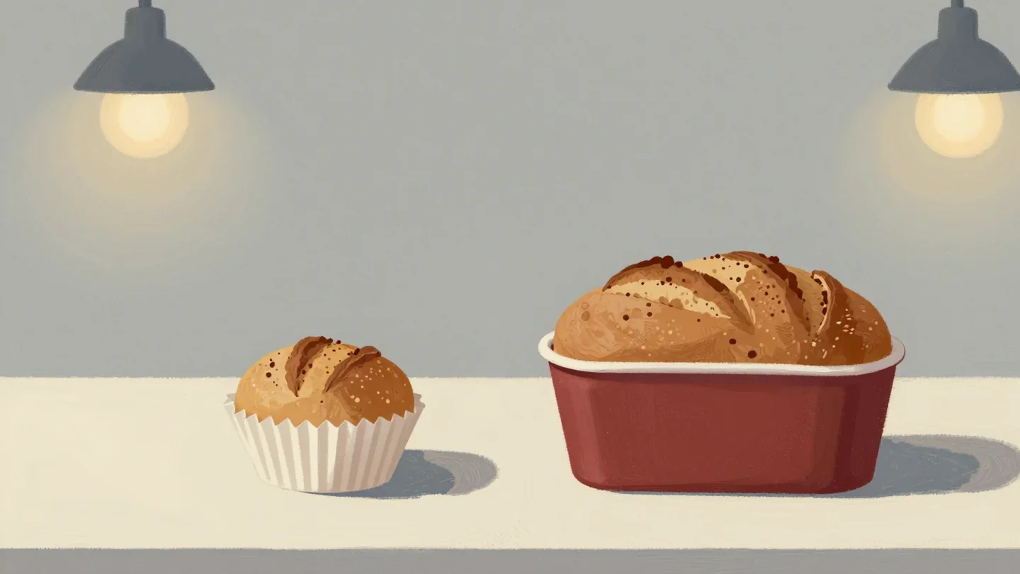 Gouache painting of a small test loaf in a vermilion paper cup beside a full loaf in a tin