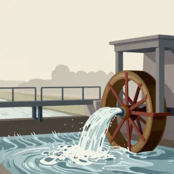 Gouache painting of a water mill with a raised sluice gate and a vermilion wheel to lift it