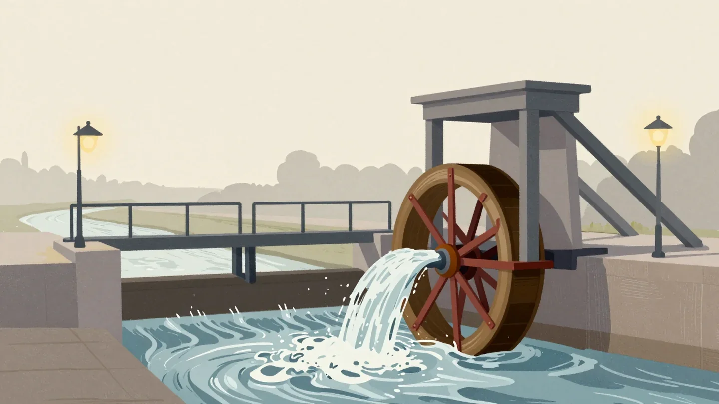 Gouache painting of a water mill with a raised sluice gate and a vermilion wheel to lift it