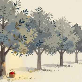 Gouache painting of a long orchard row with one basket at the first tree holding a single vermilion apple