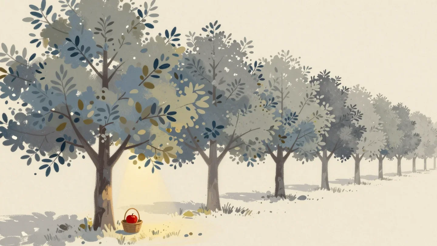 Gouache painting of a long orchard row with one basket at the first tree holding a single vermilion apple
