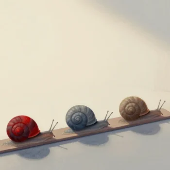 Gouache painting of three snails crawling along a plank with the front one having a vermilion shell