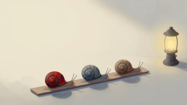 Gouache painting of three snails crawling along a plank with the front one having a vermilion shell