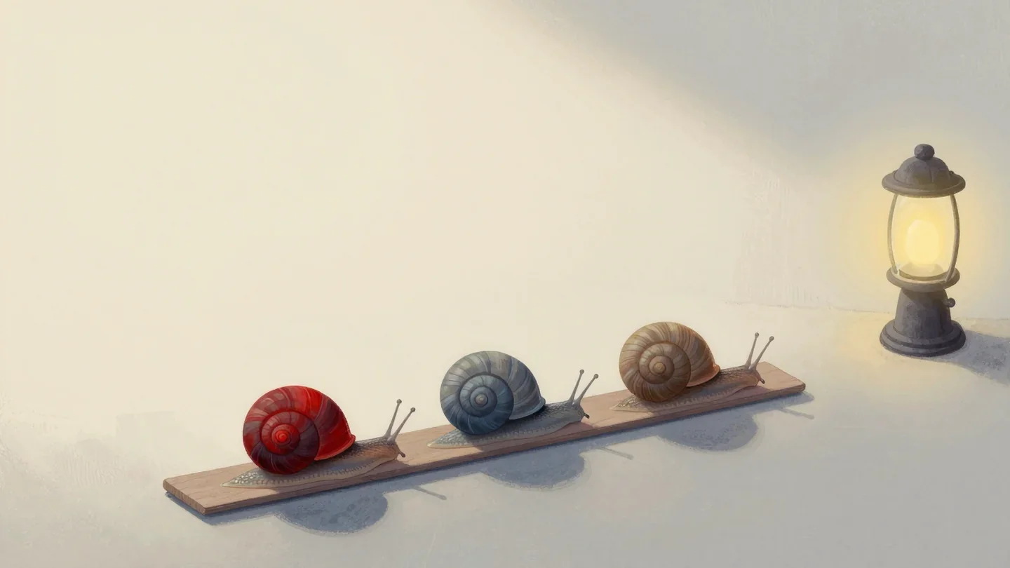 Gouache painting of three snails crawling along a plank with the front one having a vermilion shell