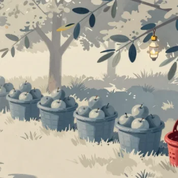 Gouache painting of full apple baskets in the grass beside one empty vermilion basket