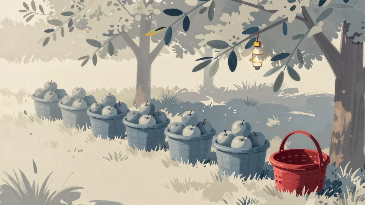 Gouache painting of full apple baskets in the grass beside one empty vermilion basket