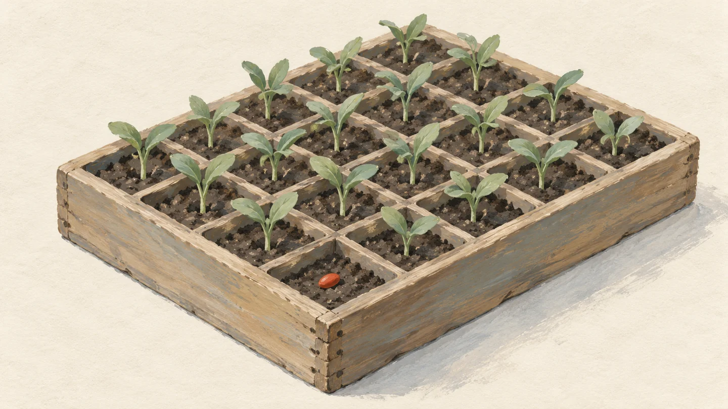 Gouache painting of a wooden seedling tray with rows of small green sprouts and one empty cell holding a single vermilion seed