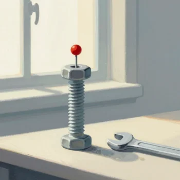 Gouache painting of a large bolt standing in a nut with a small vermilion knob on top, and a wrench lying beside it