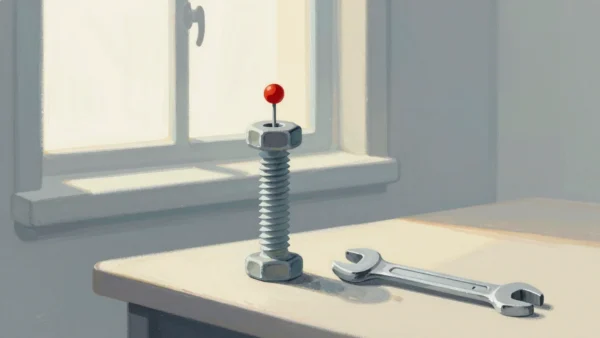 Gouache painting of a large bolt standing in a nut with a small vermilion knob on top, and a wrench lying beside it