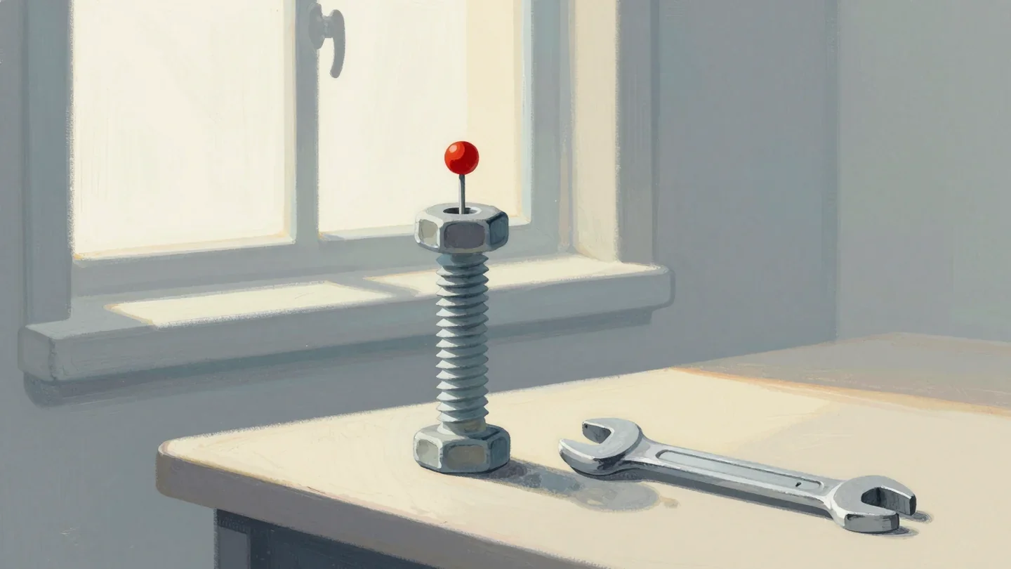 Gouache painting of a large bolt standing in a nut with a small vermilion knob on top, and a wrench lying beside it