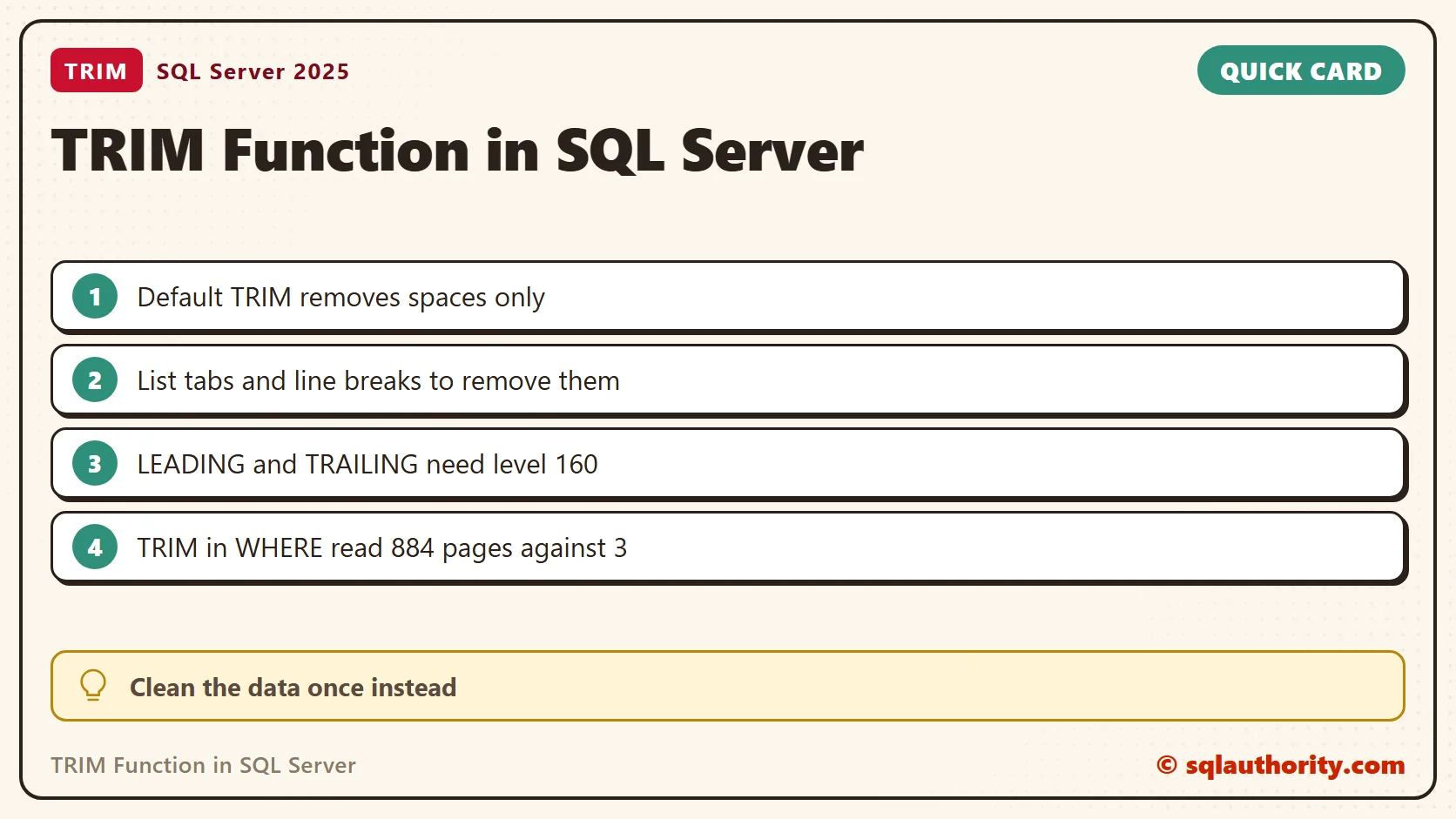 Quick reference card: TRIM Function in SQL Server: SQL in Sixty Seconds #040