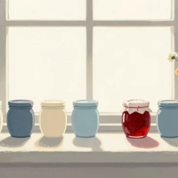 Gouache painting of a windowsill with six jars of jam and a vase of wildflowers, one jar vermilion