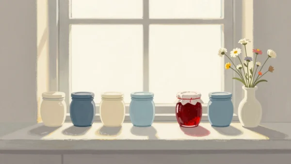 Gouache painting of a windowsill with six jars of jam and a vase of wildflowers, one jar vermilion