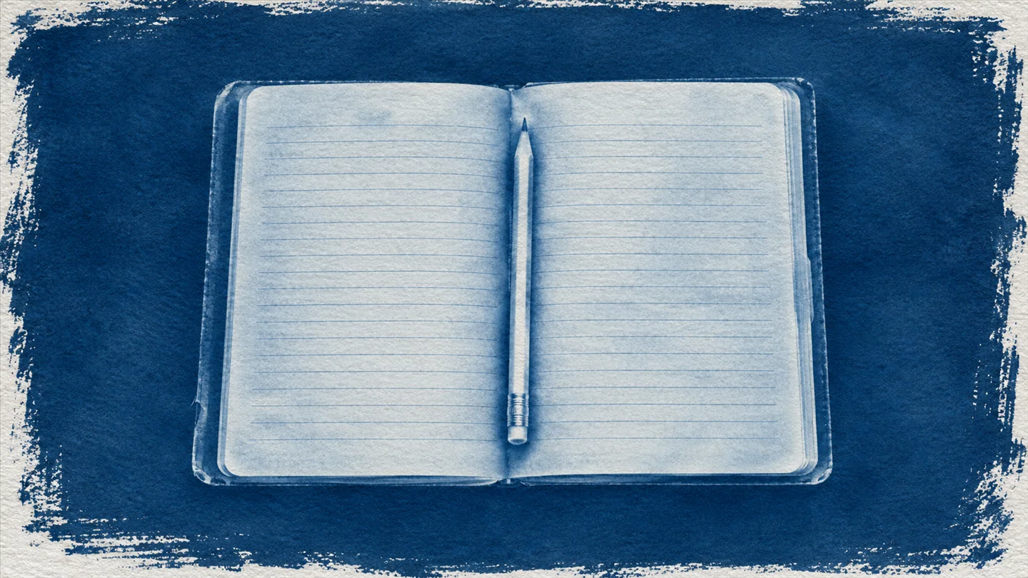 Cyanotype print of an open keeper's logbook with a pencil resting in the fold, white photogram silhouettes on Prussian blue with brushed chemical edges