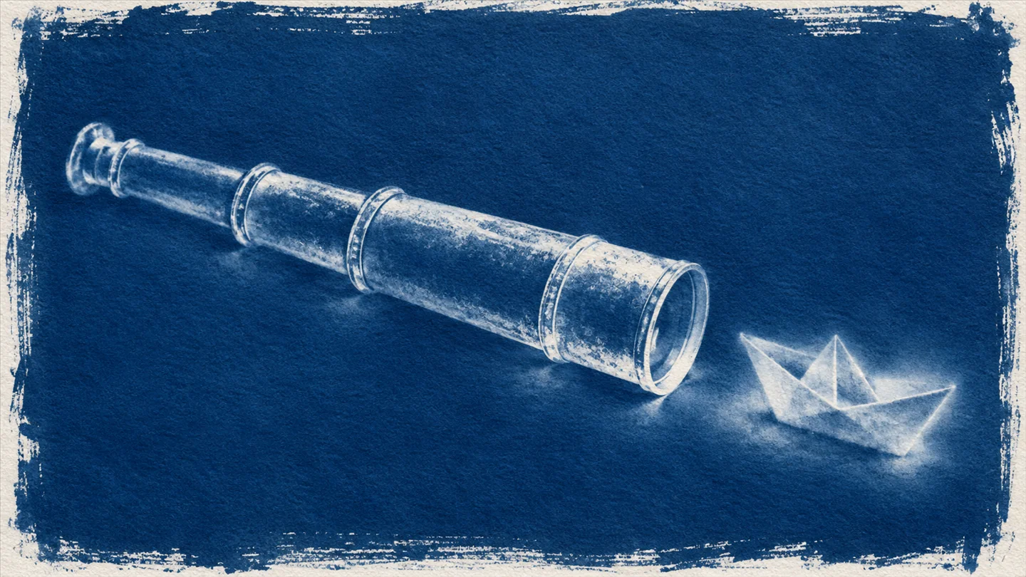 Cyanotype print of a brass spyglass lying beside a small folded paper boat, white photogram shapes with soft lifted edges on Prussian blue paper