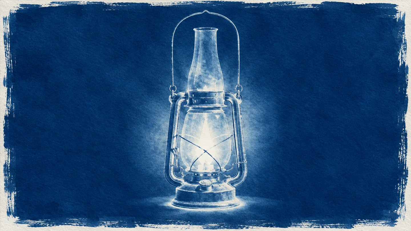 Cyanotype print of a lighthouse keeper's oil lantern, a white photogram silhouette with a soft glowing halo on deep Prussian blue paper