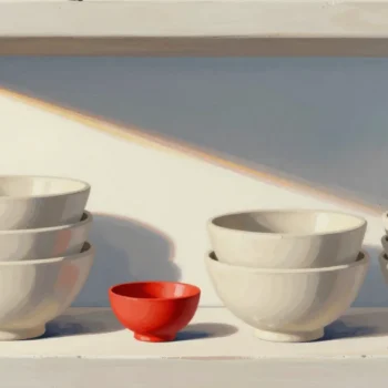Gouache painting of nested clay bowls on the left and the same bowls spread apart on the right, with the smallest bowl vermilion