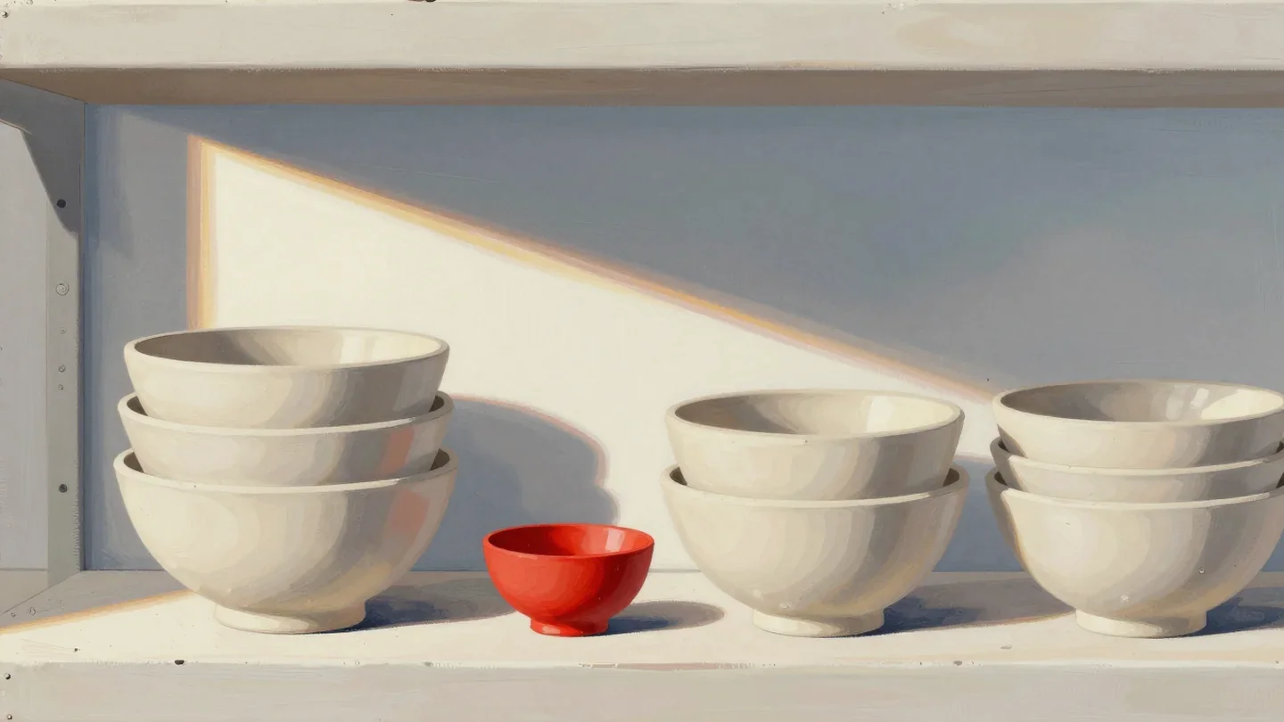 Gouache painting of nested clay bowls on the left and the same bowls spread apart on the right, with the smallest bowl vermilion