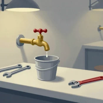 Gouache painting of a dripping tap over a bucket, a set of unused fancy tools and a plain red wrench