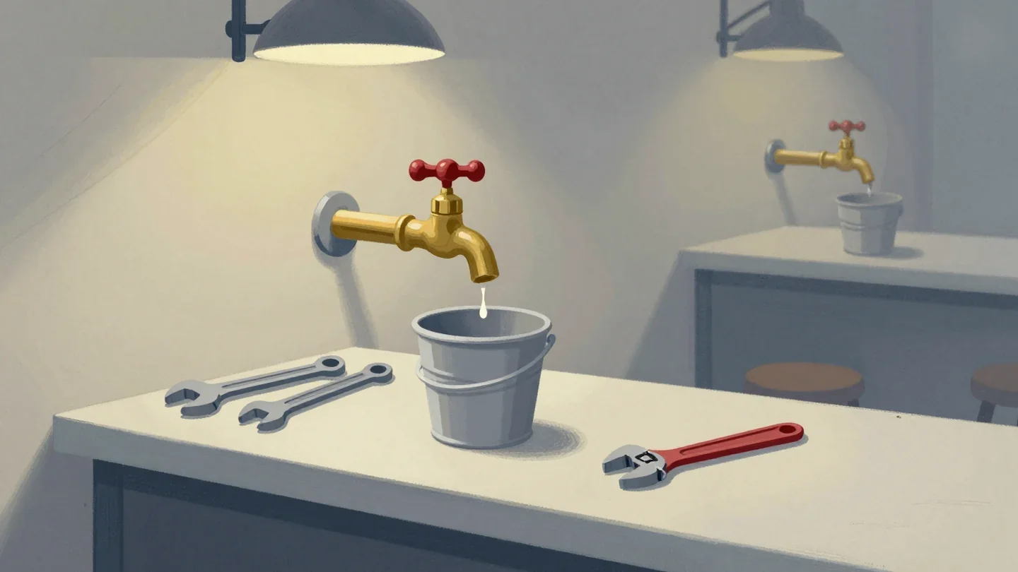 Gouache painting of a dripping tap over a bucket, a set of unused fancy tools and a plain red wrench