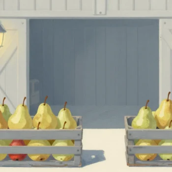 Gouache painting of two crates of pears, one holding duplicates with a red pear and one holding only single pears
