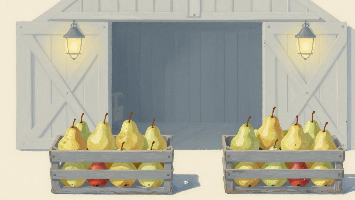 Gouache painting of two crates of pears, one holding duplicates with a red pear and one holding only single pears
