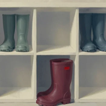 Gouache painting of a wall of cubbyholes each holding one boot and a vermilion boot waiting at an occupied cubby