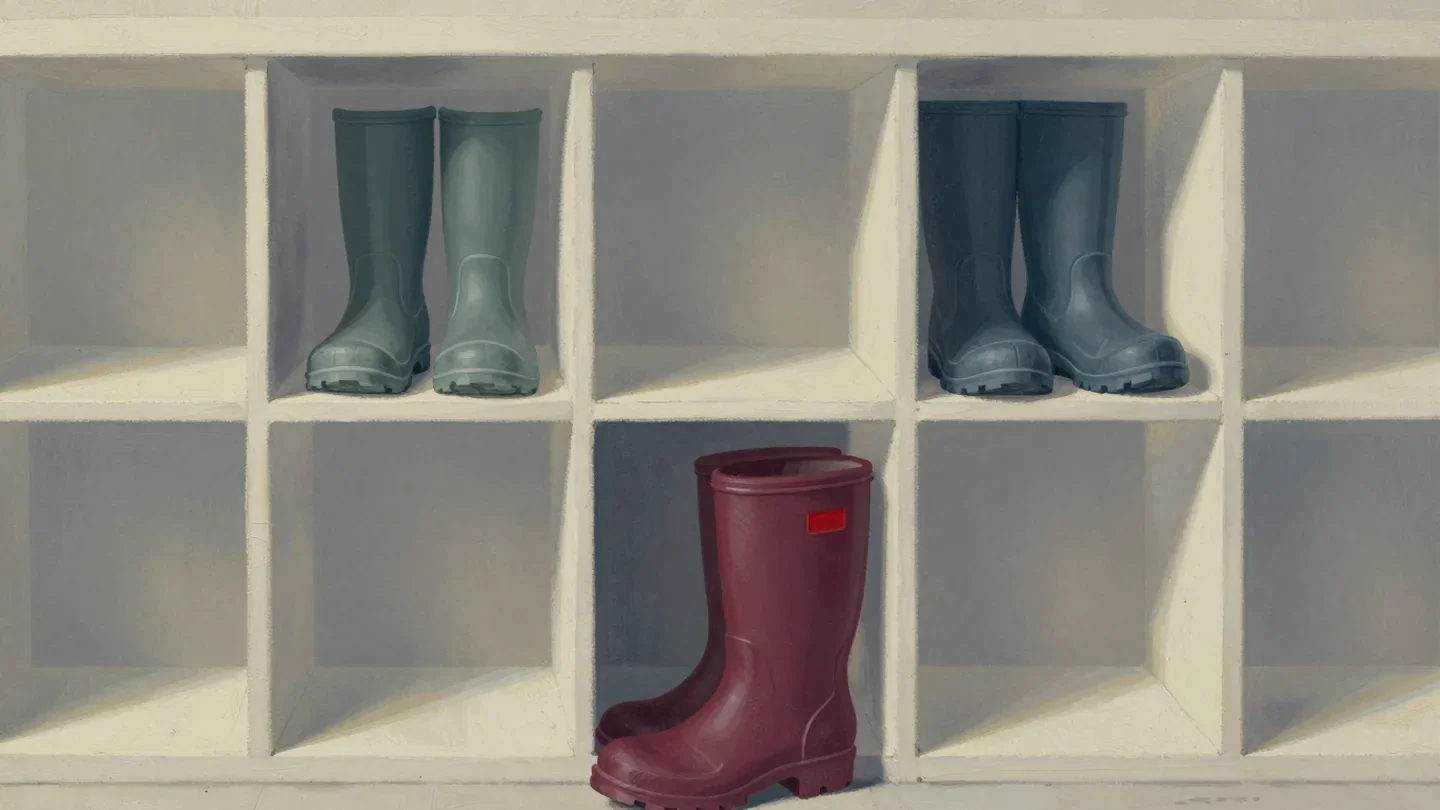 Gouache painting of a wall of cubbyholes each holding one boot and a vermilion boot waiting at an occupied cubby