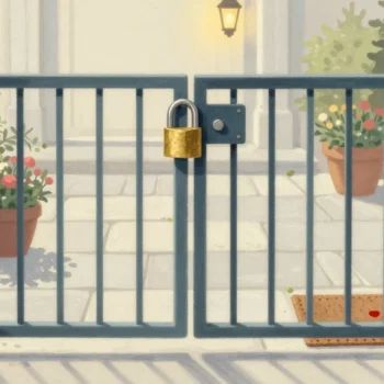 Gouache painting of a closed garden gate with a brass padlock and a doormat with a small vermilion mark
