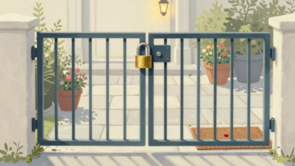 Gouache painting of a closed garden gate with a brass padlock and a doormat with a small vermilion mark