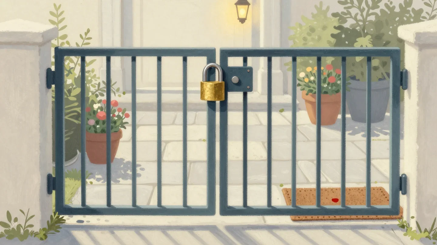 Gouache painting of a closed garden gate with a brass padlock and a doormat with a small vermilion mark
