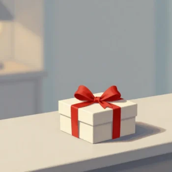 Gouache painting of a white gift box tied with a vermilion ribbon bow on a pale counter