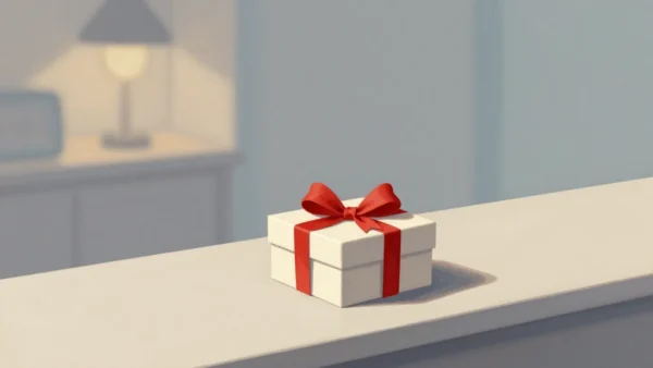 Gouache painting of a white gift box tied with a vermilion ribbon bow on a pale counter