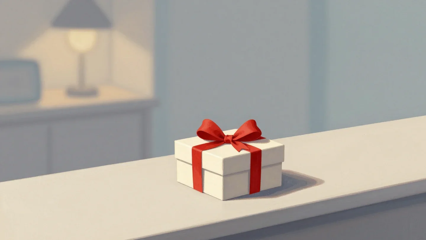 Gouache painting of a white gift box tied with a vermilion ribbon bow on a pale counter