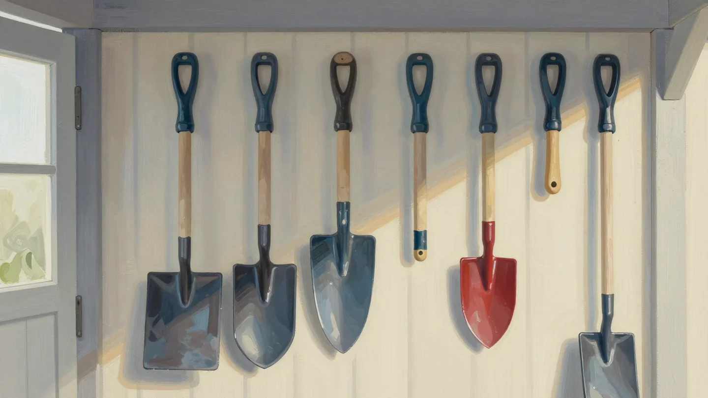 Gouache painting of a row of worn garden tools with one spotless untouched red trowel in the middle