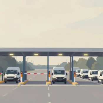 Gouache painting of a toll plaza with two crowded lanes and one idle lane with a vermilion barrier arm