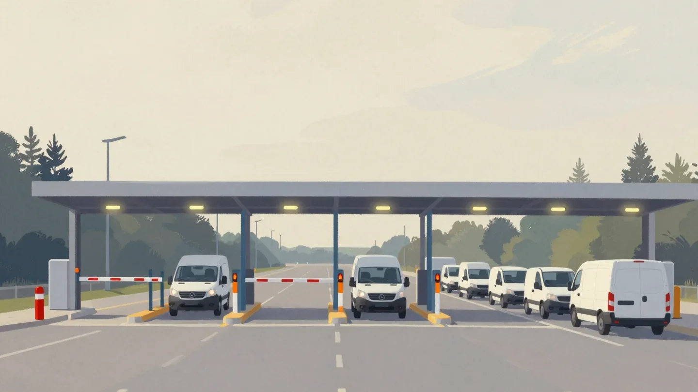 Gouache painting of a toll plaza with two crowded lanes and one idle lane with a vermilion barrier arm