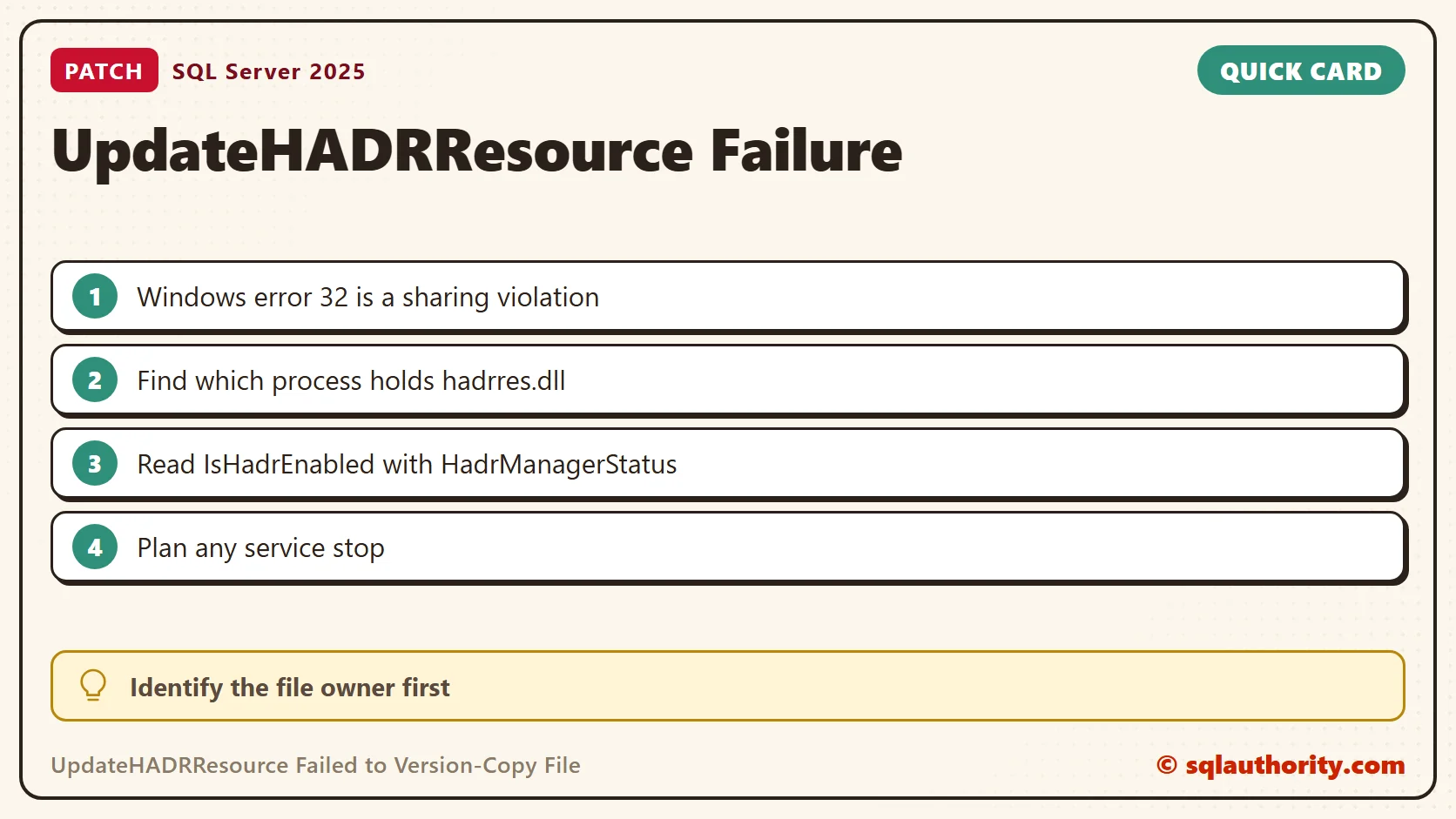 Quick reference card: UpdateHADRResource Failed to Version-Copy File: System.IO.IOException