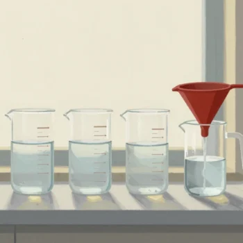 Gouache painting of a row of measuring jugs at different levels with a fresh one filled through a vermilion funnel