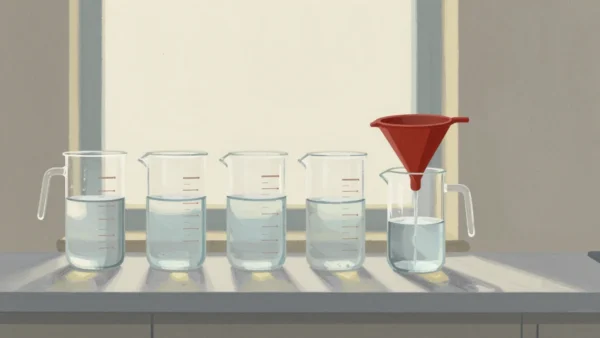 Gouache painting of a row of measuring jugs at different levels with a fresh one filled through a vermilion funnel