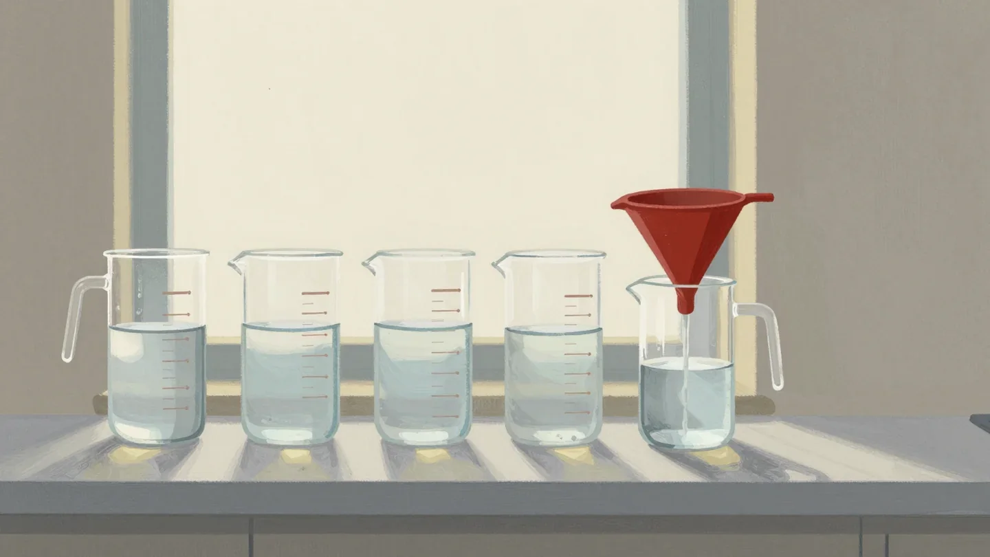 Gouache painting of a row of measuring jugs at different levels with a fresh one filled through a vermilion funnel