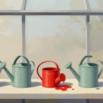 Gouache painting of a row of watering cans in a greenhouse with one vermilion can tipped over in a big puddle