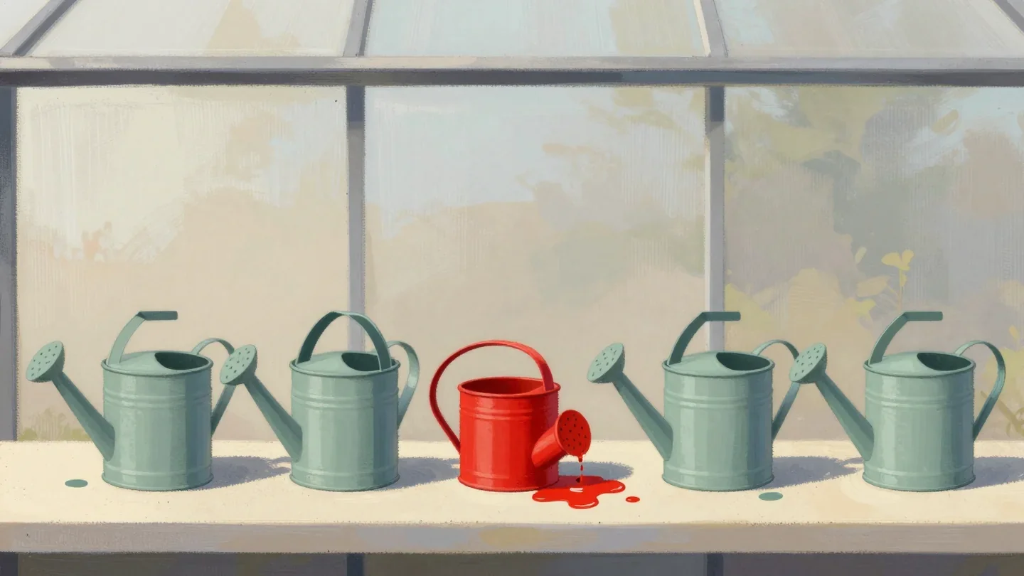 Gouache painting of a row of watering cans in a greenhouse with one vermilion can tipped over in a big puddle