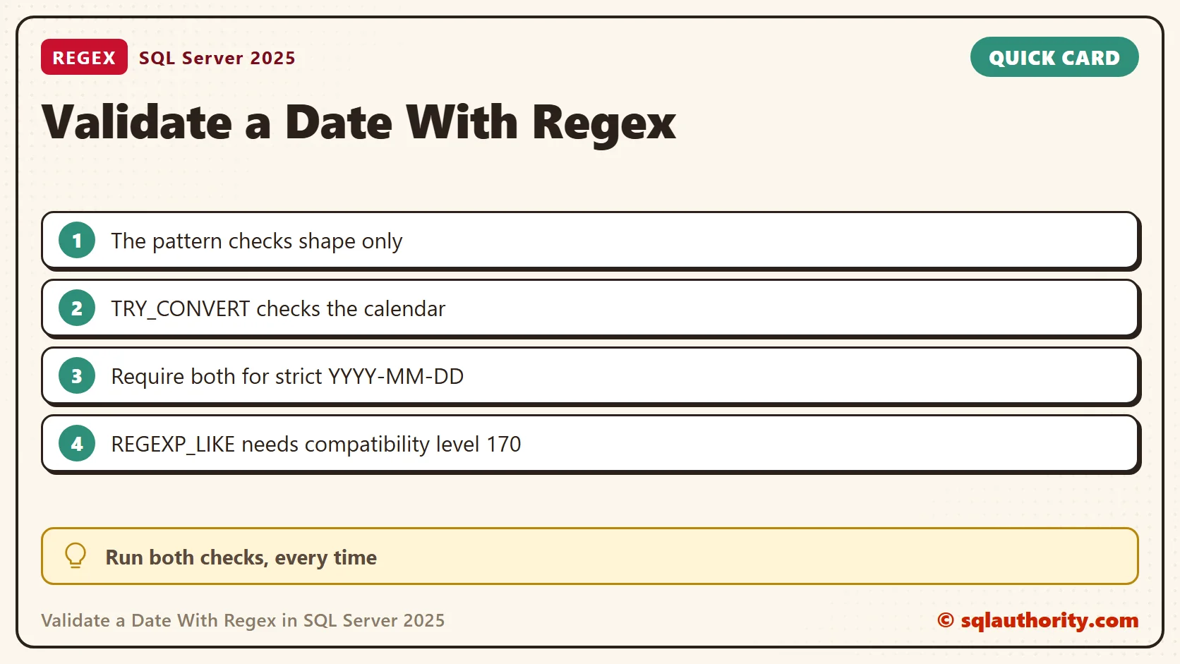 Quick reference card: Validate a Date With Regex in SQL Server 2025: Shape Is Not Enough