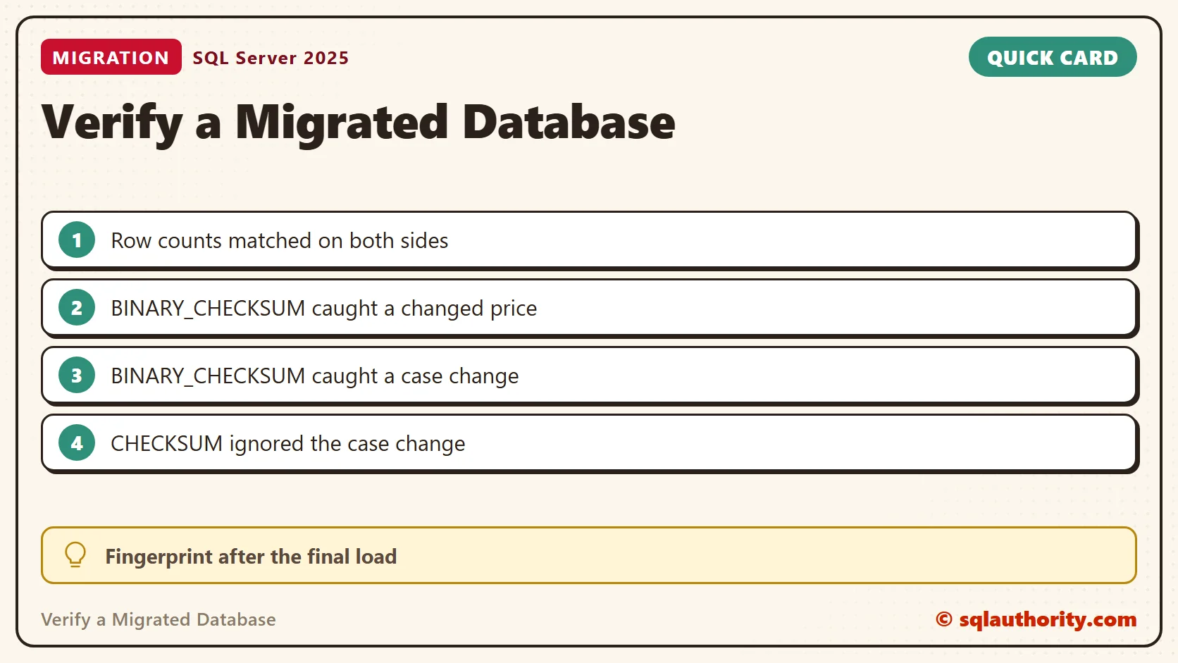 Quick reference card: Verify a Migrated Database: Row Counts and Checksums per Table