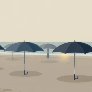 Gouache painting of a row of open beach umbrellas with one closed vermilion umbrella at the end